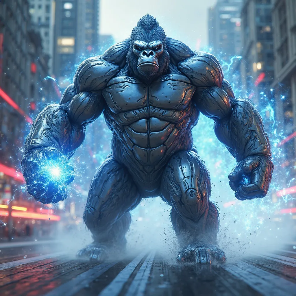 Prompt:

*"A cinematic, ultra-detailed 3D-rendered digital artwork of a colossal hybrid merging the raw, unstoppable force of King Kong with the lightning-fast prowess of Quicksilver. This towering creature maintains King Kong’s massive, muscular form but ...