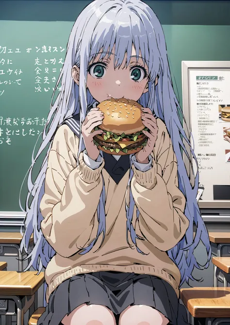 Prohibited bibliography, both eyes, Silver Hair, long hair, smile,blushes,Black sailor suit, yellow cardigan ,black pleated skirt,white high socks,loafers,chairsに座っている, holding a hamburger with both hands,eating hamburger,noon,machine, blackboard ,chairs...