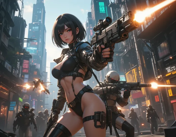 (A Cyberpunk Gunfight:2.0),,(8k, top quality, masterpiece, : 1.2), atmospheric perspective , 8k, very well detailed, accurate, top quality, masterpiece, very well detailed,sharp concentration, high resolution, (cyber punk:1.9), (sexy girl, big breasts、D...