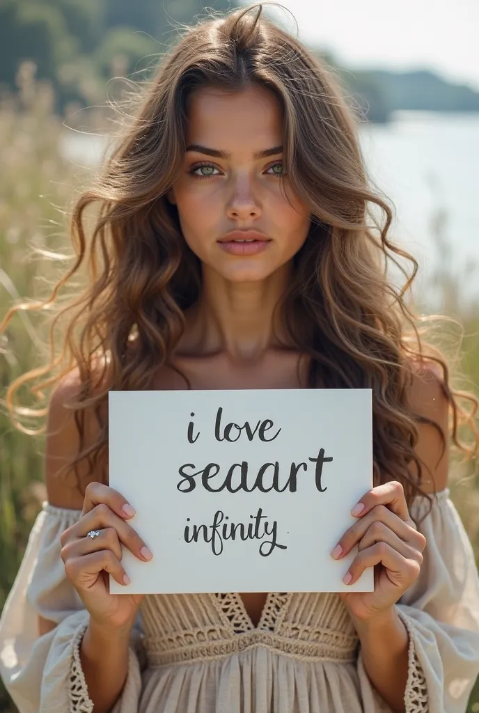 Beautiful girl with wavy long hair, bohemian dress, holding a white board with text "I Love Seaart Infinity" and showing it to the viewer