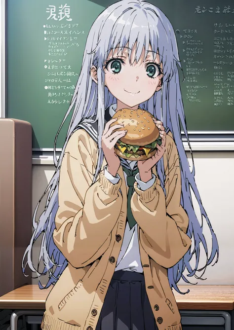 Prohibited bibliography, both eyes, Silver Hair, long hair, smile,blushes,Black sailor suit, yellow cardigan ,black pleated skirt,white high socks,loafers,chairsに座っている, holding a hamburger with both hands,eating hamburger,noon,machine, blackboard ,chairs...