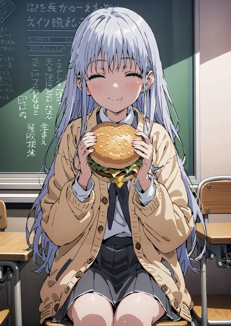 Prohibited bibliography, both eyes, Silver Hair, long hair, smile,blushes,Black sailor suit, yellow cardigan ,black pleated skirt,white high socks,loafers,chairsに座っている, holding a hamburger with both hands,eating hamburger,noon,machine, blackboard ,chairs...