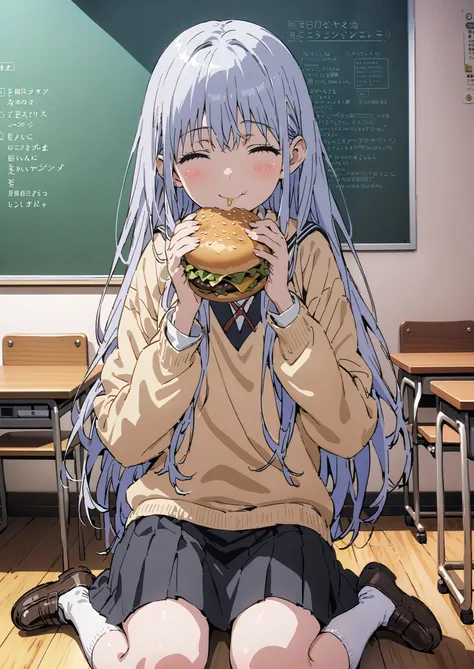 Prohibited bibliography, both eyes, Silver Hair, long hair, smile,blushes,Black sailor suit, yellow cardigan ,black pleated skirt,white high socks,loafers,chairsに座っている, holding a hamburger with both hands,eating hamburger,noon,machine, blackboard ,chairs...