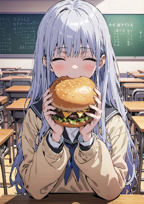 Prohibited bibliography, both eyes, Silver Hair, long hair, smile,blushes,Black sailor suit, yellow cardigan ,black pleated skirt,white high socks,loafers,chairsに座っている, holding a hamburger with both hands,eating hamburger,noon,machine, blackboard ,chairs...