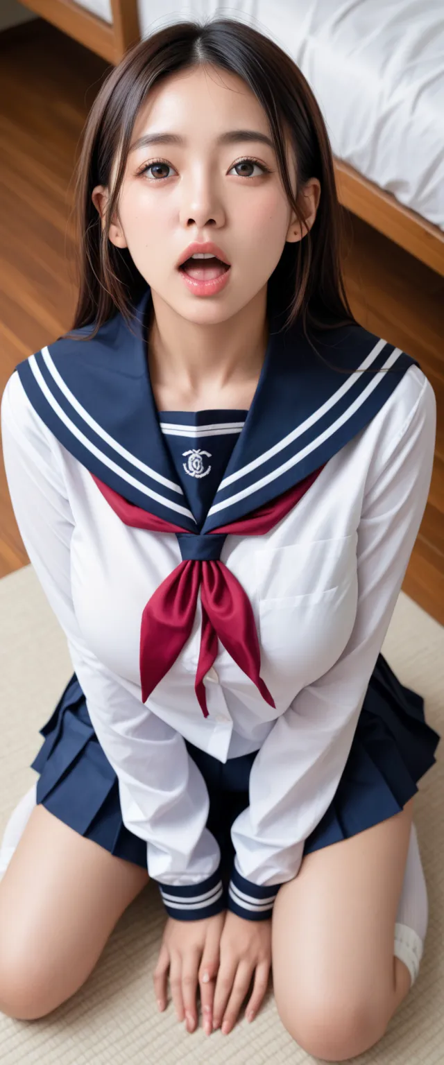 Big Breasts、((Japanese woman)) , (( white Y shirt))、(curvy body)、  sensual expression、((angle from above))、Open your mouth lightly 、I'm staring at 、on the bed、looking up 、(pleated skirt on indoor floor) 、((high school uniform))、((Chest gap ))、(view from ab...