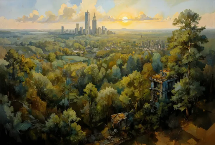A hauntingly beautiful oil painting. In the foreground, a lush forest stretches towards the horizon, its verdant hues reminiscent of an endless green sea. Amidst this tranquil tapestry, colossal skyscrapers pierce the sky like jagged teeth from a bloody ma...