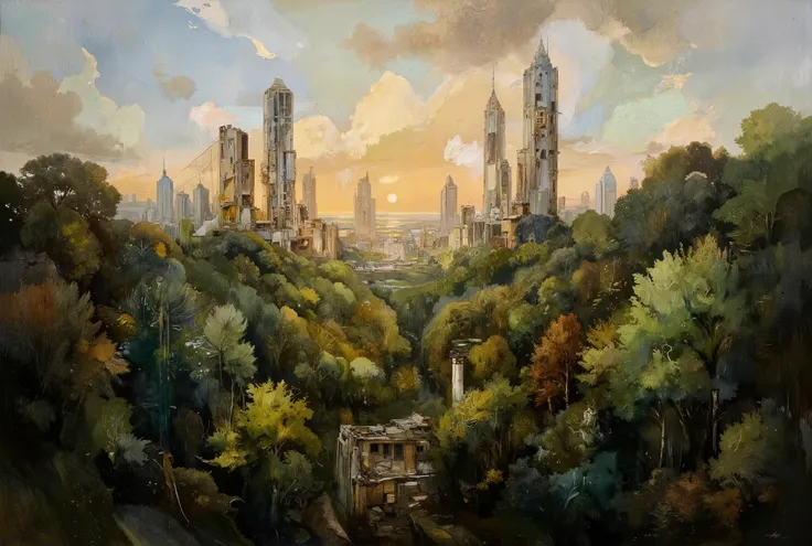 A hauntingly beautiful oil painting. In the foreground, a lush forest stretches towards the horizon, its verdant hues reminiscent of an endless green sea. Amidst this tranquil tapestry, colossal skyscrapers pierce the sky like jagged teeth from a bloody ma...