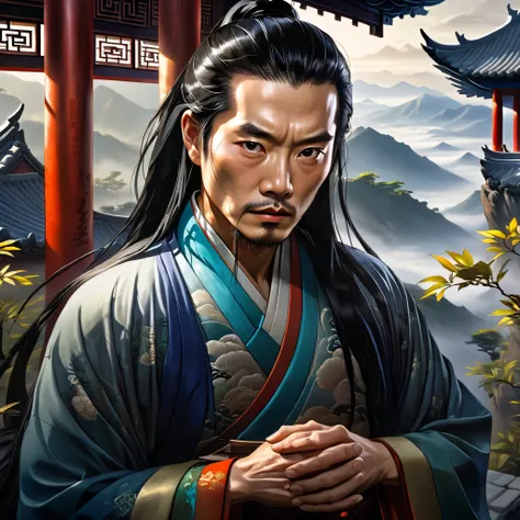 long black hair, ancient chinese clothing, middle-aged man, muscular, tiny man, detailed portrait, powerful expression, intense gaze, weathered face, calloused hands, cinematic lighting, dramatic shadows, moody atmosphere, ancient chinese architecture, mis...