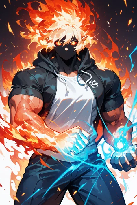 solo, silhouette, Electrical Powers, muscular Elf character, wearing a clack hoodie with blue line details, white t-shirt, wallpaper quality, on a loading screen, fighting stance, solo, aura, waist up, (Human Body, Fire Appearance, Red and Orange Highlight...