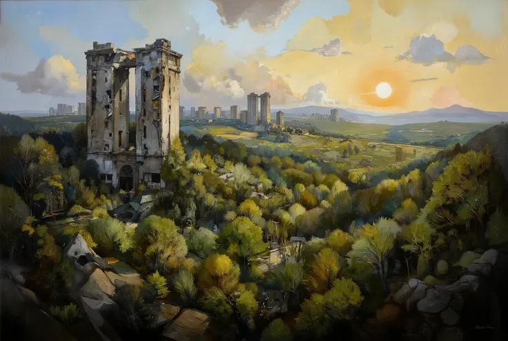 A hauntingly beautiful oil painting. In the foreground, a lush forest stretches towards the horizon, its verdant hues reminiscent of an endless green sea. Amidst this tranquil tapestry, colossal skyscrapers pierce the sky like jagged teeth from a bloody ma...
