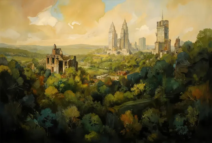A hauntingly beautiful oil painting. In the foreground, a lush forest stretches towards the horizon, its verdant hues reminiscent of an endless green sea. Amidst this tranquil tapestry, colossal skyscrapers pierce the sky like jagged teeth from a bloody ma...