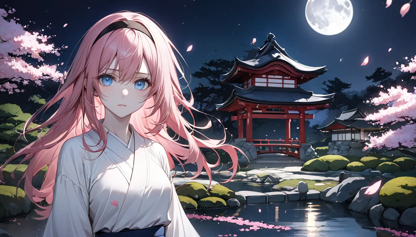 masterpiece, Best Quality, a woman, pink hair, long hair, center parted , messy hair, sky blue eyes, 30 years old, expressionless, pale white skin, serious, (background: cherry blossom petals are falling, Japanese garden, midnight, moonlight,  ) ,(Clothing...