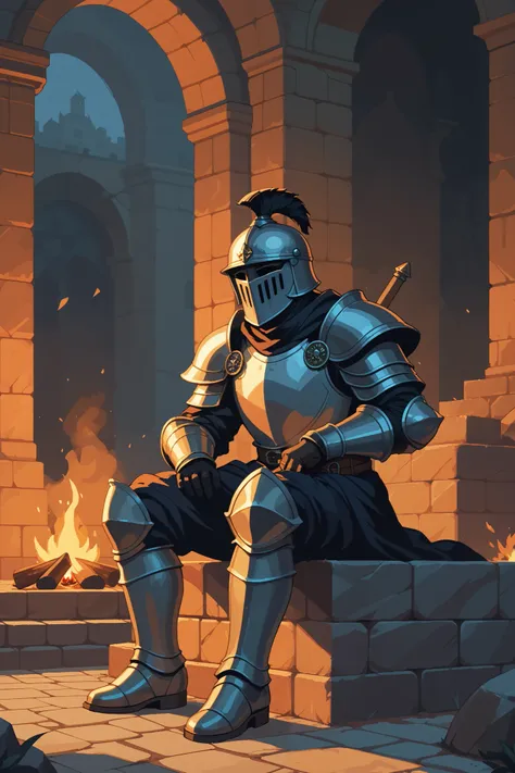 A lone dark knight clad in full black armor sits on worn stone steps outside an ancient fortress. His face is hidden behind a menacing helmet, and he grips a long, glowing sword, its blade reflecting the flickering flames of a small campfire before him. Th...