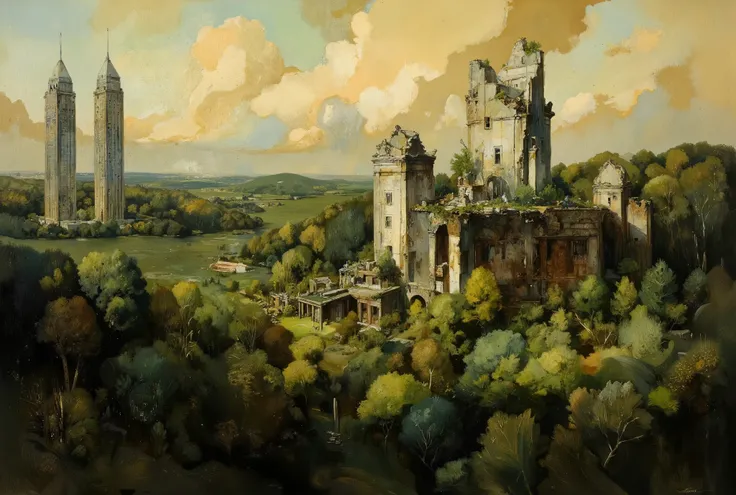 A hauntingly beautiful oil painting. In the foreground, a lush forest stretches towards the horizon, its verdant hues reminiscent of an endless green sea. Amidst this tranquil tapestry, colossal skyscrapers pierce the sky like jagged teeth from a bloody ma...