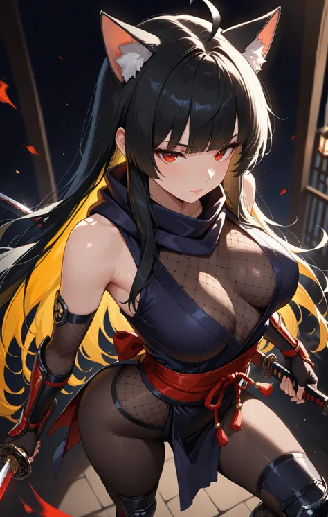 masterpiece, best quality, good quality, very aesthetic, absurdres, newest, 8K, depth of field, focused subject, in the style of cknc, artist:moriimee, in the style of cksc, BREAK side portrait of stunning Chinese ninja woman, long bioluminescent, , cat ea...