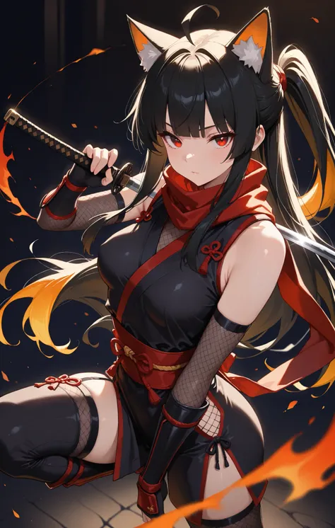 masterpiece, best quality, good quality, very aesthetic, absurdres, newest, 8K, depth of field, focused subject, in the style of cknc, artist:moriimee, in the style of cksc, BREAK side portrait of stunning Chinese ninja woman, long bioluminescent, , cat ea...