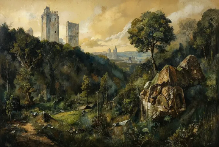 A hauntingly beautiful oil painting. In the foreground, a lush forest stretches towards the horizon, its verdant hues reminiscent of an endless green sea. Amidst this tranquil tapestry, colossal skyscrapers pierce the sky like jagged teeth from a bloody ma...