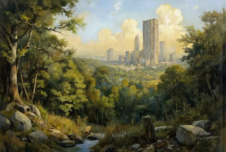 A hauntingly beautiful oil painting. In the foreground, a lush forest stretches towards the horizon, its verdant hues reminiscent of an endless green sea. Amidst this tranquil tapestry, colossal skyscrapers pierce the sky like jagged teeth from a bloody ma...