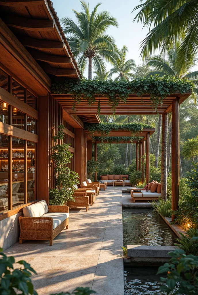 A luxurious tropical resort-style coffee shop with an open-air concept, featuring wooden pergolas, lush greenery, rattan furniture, and a central water feature. The ambiance is warm and inviting with soft ambient lighting, natural textures, and a serene at...