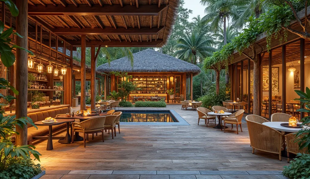 A luxurious tropical resort-style coffee shop with an open-air concept, featuring wooden pergolas, lush greenery, rattan furniture, and a central water feature. The ambiance is warm and inviting with soft ambient lighting, natural textures, and a serene at...