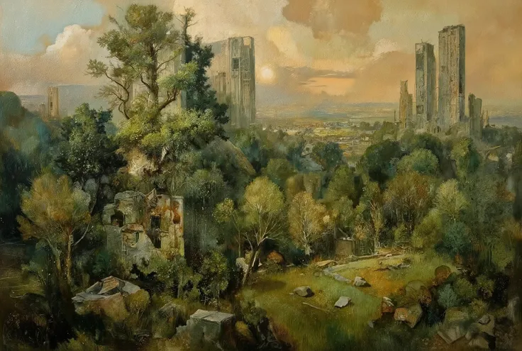 A hauntingly beautiful oil painting. In the foreground, a lush forest stretches towards the horizon, its verdant hues reminiscent of an endless green sea. Amidst this tranquil tapestry, colossal skyscrapers pierce the sky like jagged teeth from a bloody ma...