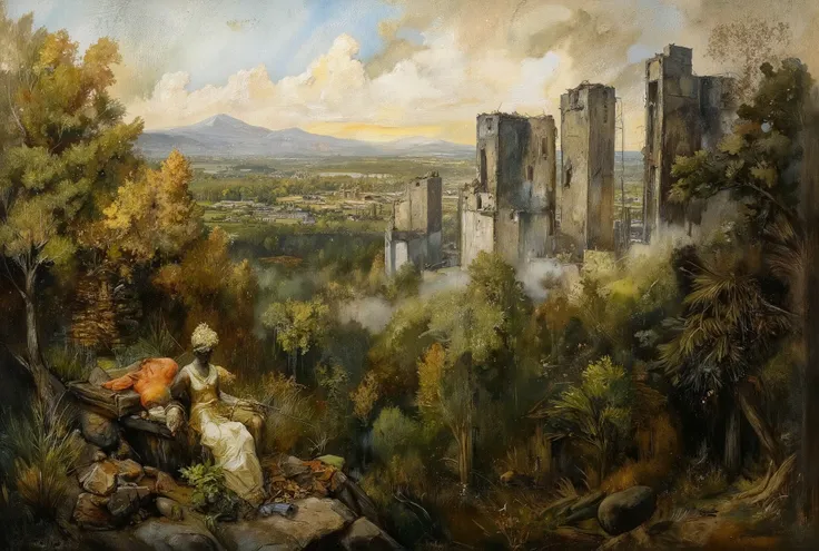 A hauntingly beautiful oil painting. In the foreground, a lush forest stretches towards the horizon, its verdant hues reminiscent of an endless green sea. Amidst this tranquil tapestry, colossal skyscrapers pierce the sky like jagged teeth from a bloody ma...
