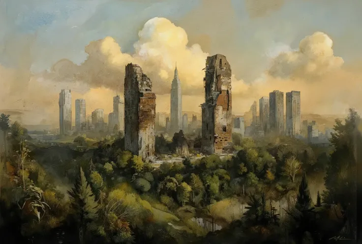 A hauntingly beautiful oil painting. In the foreground, a lush forest stretches towards the horizon, its verdant hues reminiscent of an endless green sea. Amidst this tranquil tapestry, colossal skyscrapers pierce the sky like jagged teeth from a bloody ma...