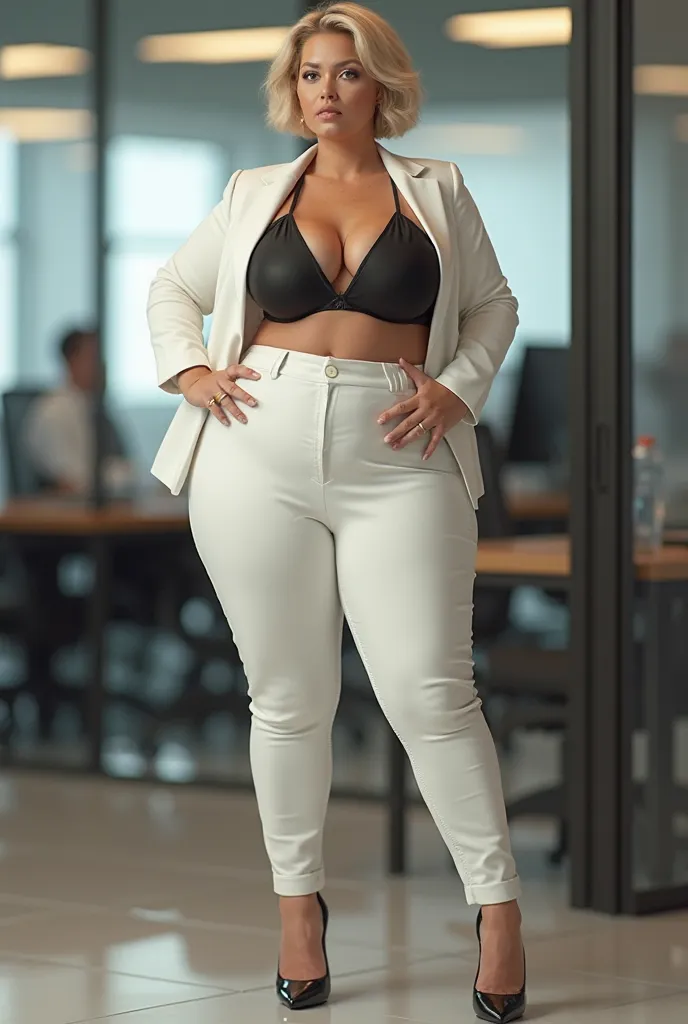 mega busty woman white suit pants wet high heel blonde short hair curvy in office open shirt side black bikini top booty