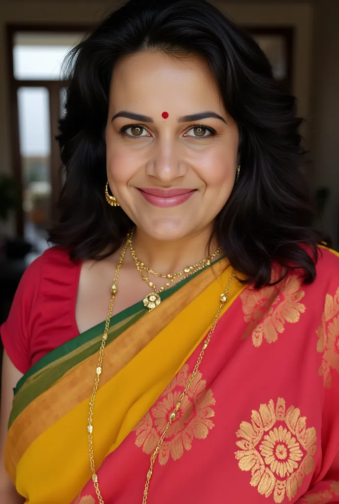 Big breast homely plus size Indian wife in saree taking selfie in bindi sindoor and mangalsutra at home with NO MAKE UP