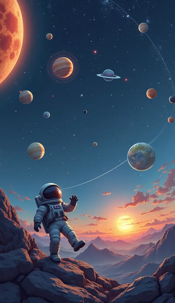 Solar system in planetary mobile application interface , showing the planetary objects in animation, floating  cute astronaut , and add the text that blend with application name as "Mini Solar" , and I want full image, not embedded into the mobile phone , ...