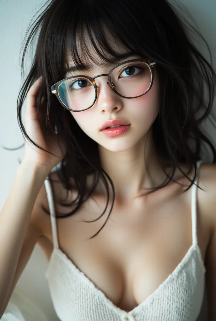 Documentary photo , Genuineistic, dramatic scene, very beautiful Japanese woman,    famous beautiful Japanese idol   , Beautiful white,  beautiful skin with glasses , beautiful brown eyes, breathtakingly beautiful、cute, , Pale face, , slender,   very beaut...