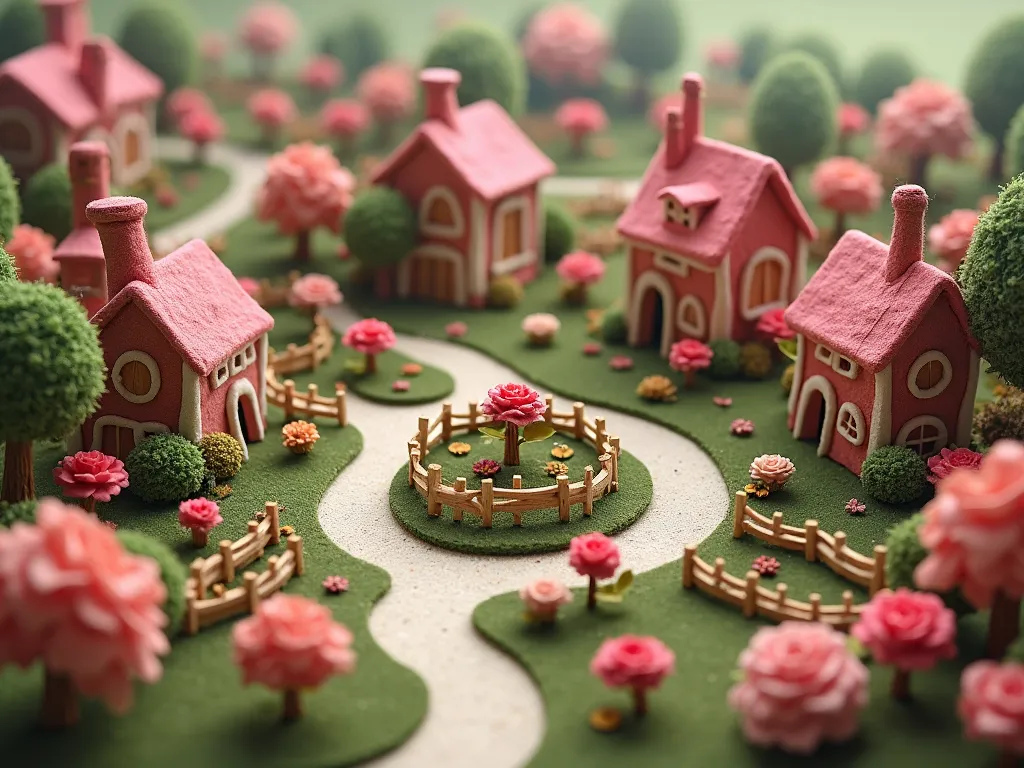 Strong style: miniature landscape , a rose town made of felt with a fenced rose garden in the middle , with an overhead view , picturesque scenery , soft colors , soft texture , handmade houses , winding streets , lush gardens , healing energy , quiet inha...