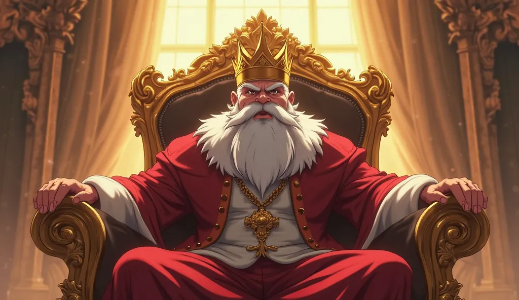 (Highest quality, masterpiece, High resolution)、4K Anime Art、Soft Light, Prompt: 
Prompt: "A proud and wealthy arrogant king sitting on his golden throne,beard: long white, looking down upon others with a smug expression, exuding an air of superiority and ...