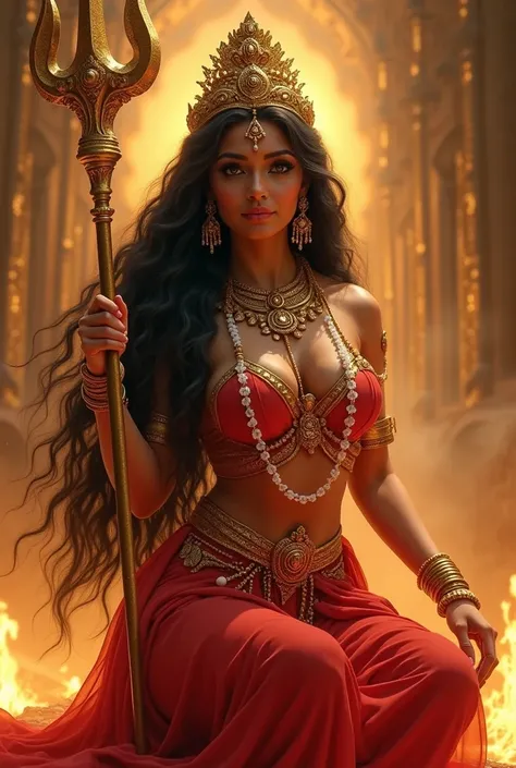 (photorealism:1.2), celestial Hindu Goddess with long, silky black hair cascading down her back, her piercing black eyes locked onto you with a hypnotic gaze. A deep sindoor mark graces her forehead, symbolizing divine femininity. She exudes raw power and ...