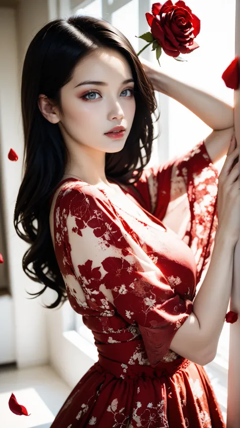 masterpiece、((( upper body angle:1.2)))、Pretty beauty、 Ephemeral Beauty、Sadness、one girl、alone、beautiful dark hair、silky black hair、 pale skin、 gray eyes、Look away、no expression、Fuller lips、small nose 、no expression、Sedentary eyes、crimson silk dress、tradit...