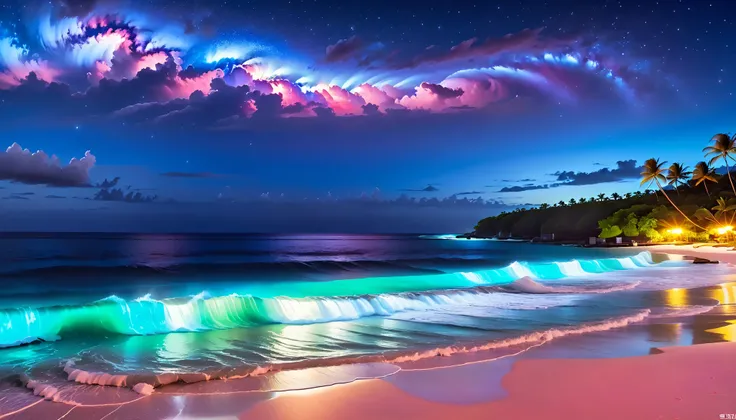 超high image quality,high image quality,high quality,nighttime scenery,tropical beach, that shines steadily ,The ocean breeze is blowing,Blue fluorescent beaches spread out spectacular seascapes,(Also、巨大な波が青い光に照らされる濃い紫と橙色の単一発光ビーチThere are alsoます), very m...
