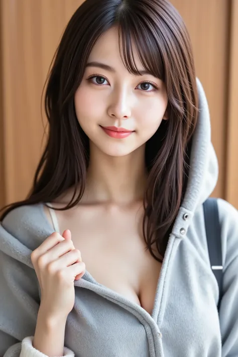 The face is positioned exactly in the center of the image , , the entire head is fully reflected , Face clearly visible、hoodie, Women's Room Background , long hair、bungs, smile, young and cute japanese face , OFFICIAL ART, high image quality CG Unity 8k wa...