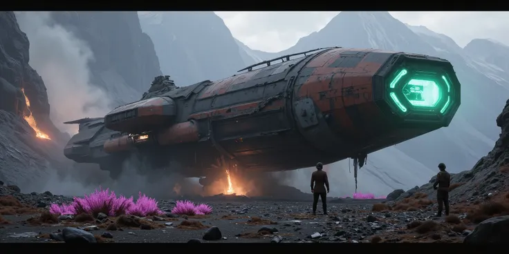 A massive spaceship crash-landed on an alien planet, smoke and fire rising from the wreckage, mysterious glowing flora surrounding the site, eerie atmosphere, highly detailed, cinematic sci-fi style