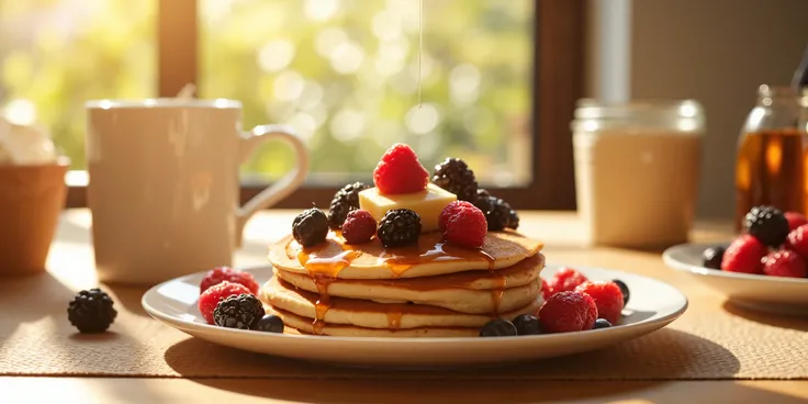 A cozy breakfast scene with a stack of golden-brown pancakes, drizzled with maple syrup, topped with fresh berries and butter, warm sunlight streaming through a kitchen window, photorealistic, highly detailed