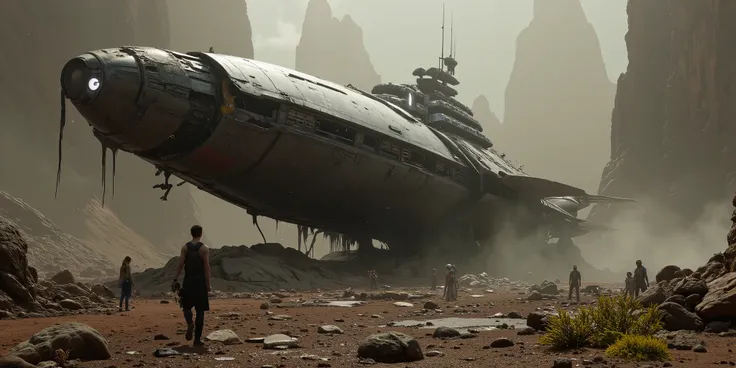 A massive spaceship crash-landed on an alien planet, smoke and fire rising from the wreckage, mysterious glowing flora surrounding the site, eerie atmosphere, highly detailed, cinematic sci-fi style