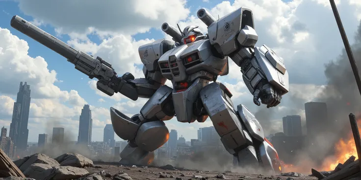 A towering futuristic mecha standing in a war-torn city, glowing energy core, sleek metallic armor, battle damage visible, smoke and fire in the background, cinematic lighting, ultra-detailed, sci-fi anime style