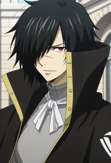 score_9, score_8_up, score_7_up, official art style, intricate details, anime screencap, depth of field, 1boy, solo, male focus, rogue_cheney, black hair, red eyes, , hair over one eye, scar, close-up, a dark and elegant outfit, consisting of a long black ...