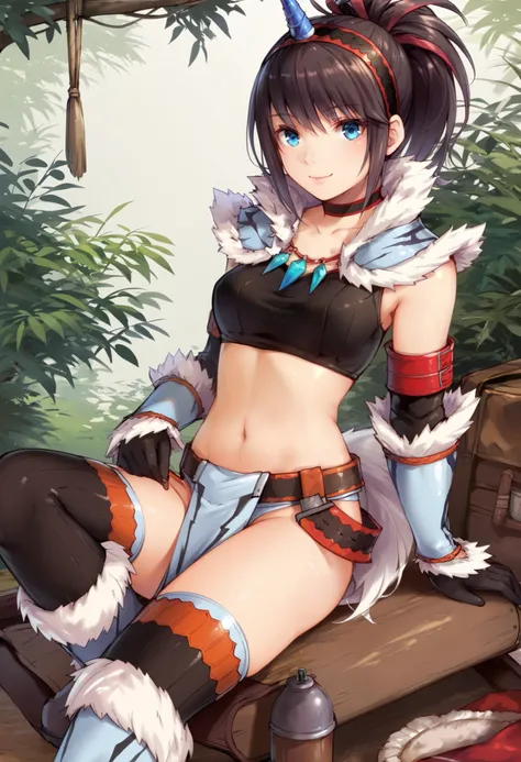 (score_9:0.9),score_8_up,score_7_up,rating_explicit,anime_style,(zPDXL),kirin beta armor,white single horn hairband,white detached sleeves,1young_girl,solo,blue eyes,looking at viewer,sitting,smile,plain_background,medium breasts,,closed mouth,collarbone,b...