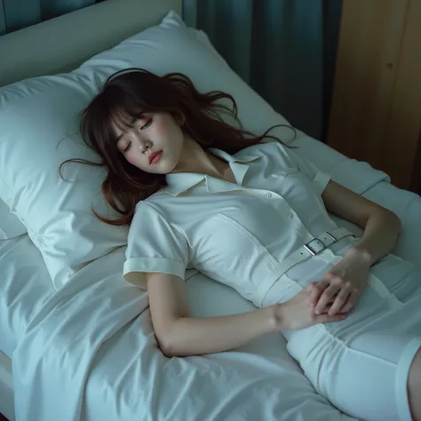 A pretty Japanese woman is laying unconscious on the bed, bound wrists behind your back, eyes close, very bright white skin, brown spread hair, natural bang, wearing a nurse uniform, tight short skirt, eye close, photorealistic, hyperrealism, whole body fr...