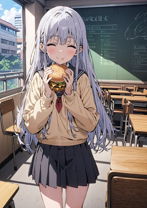 Prohibited bibliography, both eyes, Silver Hair, long hair, smile,blushes,Black sailor suit, yellow cardigan ,black pleated skirt,white high socks,loafers,chairsに座っている, holding a hamburger with both hands,eating hamburger,noon,machine, blackboard ,chairs...