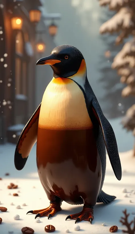 A surreal, highly detailed digital painting of a penguin with a body made entirely of rich, dark espresso. Its smooth, liquid form gently ripples with each waddle, and a golden-brown crema layer sits perfectly on top, foamy and slightly swirled. Tiny bubbl...
