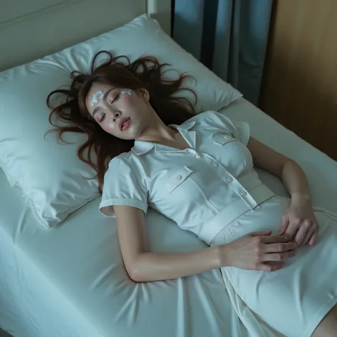 A pretty Japanese woman is laying unconscious on the bed, both arms behind herr back, eyes close, very bright white skin, brown spread hair, natural bang, wearing a nurse uniform, tight short skirt, cum on her forehead, cum on her face, photorealistic, hyp...