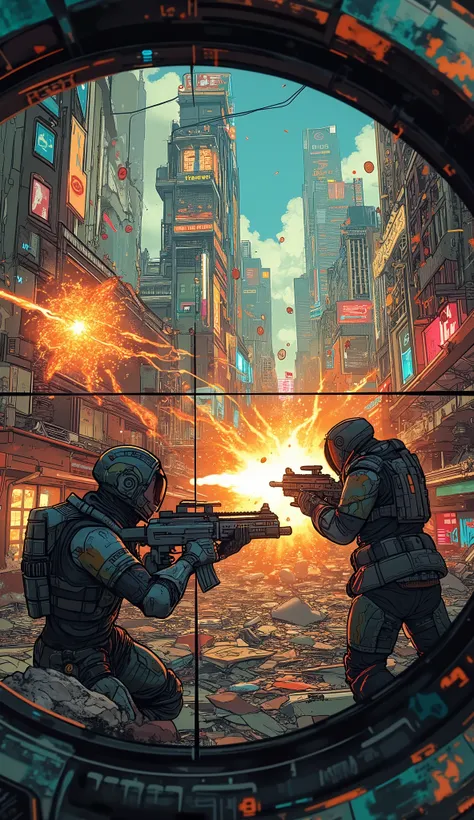 (masterpiece:1.2, excellent quality,Mirror Finish , MOVIE EXPERIENCE , best illustration:2.0,Super Detail),8k,16k,wallpaper,(cyberpunkの銃撃戦),(cyberpunk:2.0),(Near Future City:2.0),(CHAOS FIGHT WITH SCIENTIFIC RIFLESCOPE),(ライフルスコープからは廃墟となったカラフルでディストピア的なcyber...