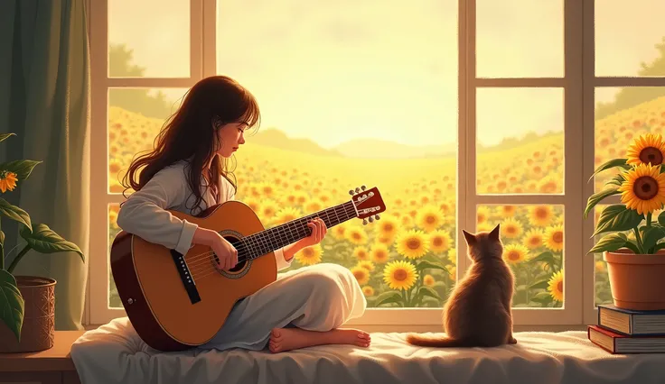 A dreamy, soft-toned digital illustration of a peaceful afternoon scene. A young woman, with long flowing hair, sits by a large window, gently strumming an acoustic guitar. The flower garden in the distance filled with sunflower . a cat sitting beside her....