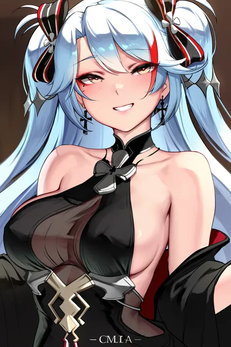 masterpiece, best quality, ultra-detailed, illustration, colorful, flat color, depth of field, 1girl, prinz from azur lane, prinz eugen cordial cornflower, white hair, light brown eyes, hair ornament, anime, simple background, looking at viewer, cowboy sho...